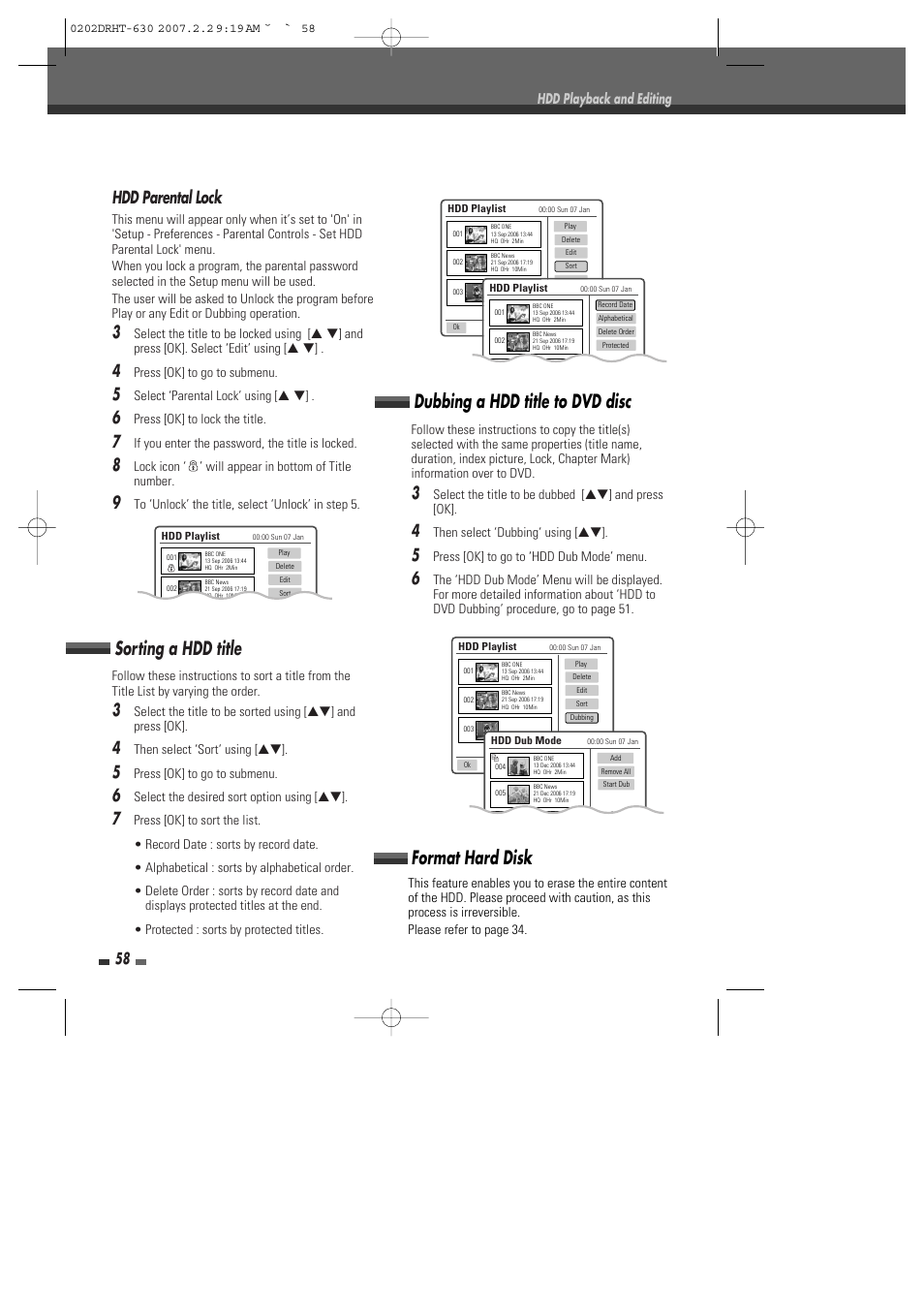 Dubbing a hdd title to dvd disc format hard disk, Sorting a hdd title, Hdd parental lock | Daewoo DRHT-630 User Manual | Page 59 / 69