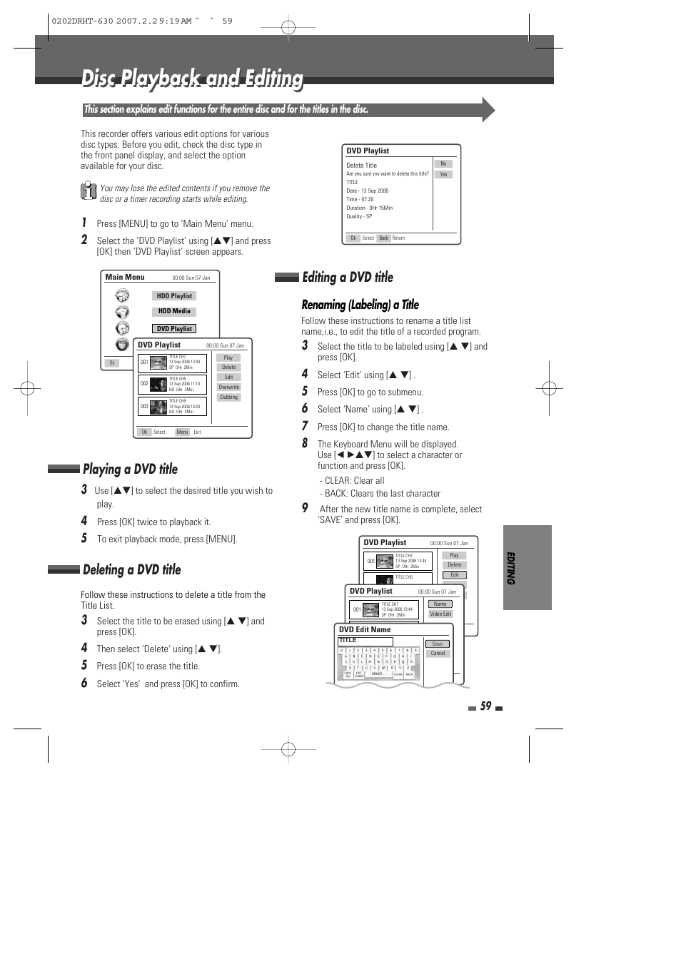 Disc playback and editing, Deleting a dvd title playing a dvd title, Editing a dvd title | Renaming (labeling) a title | Daewoo DRHT-630 User Manual | Page 60 / 69