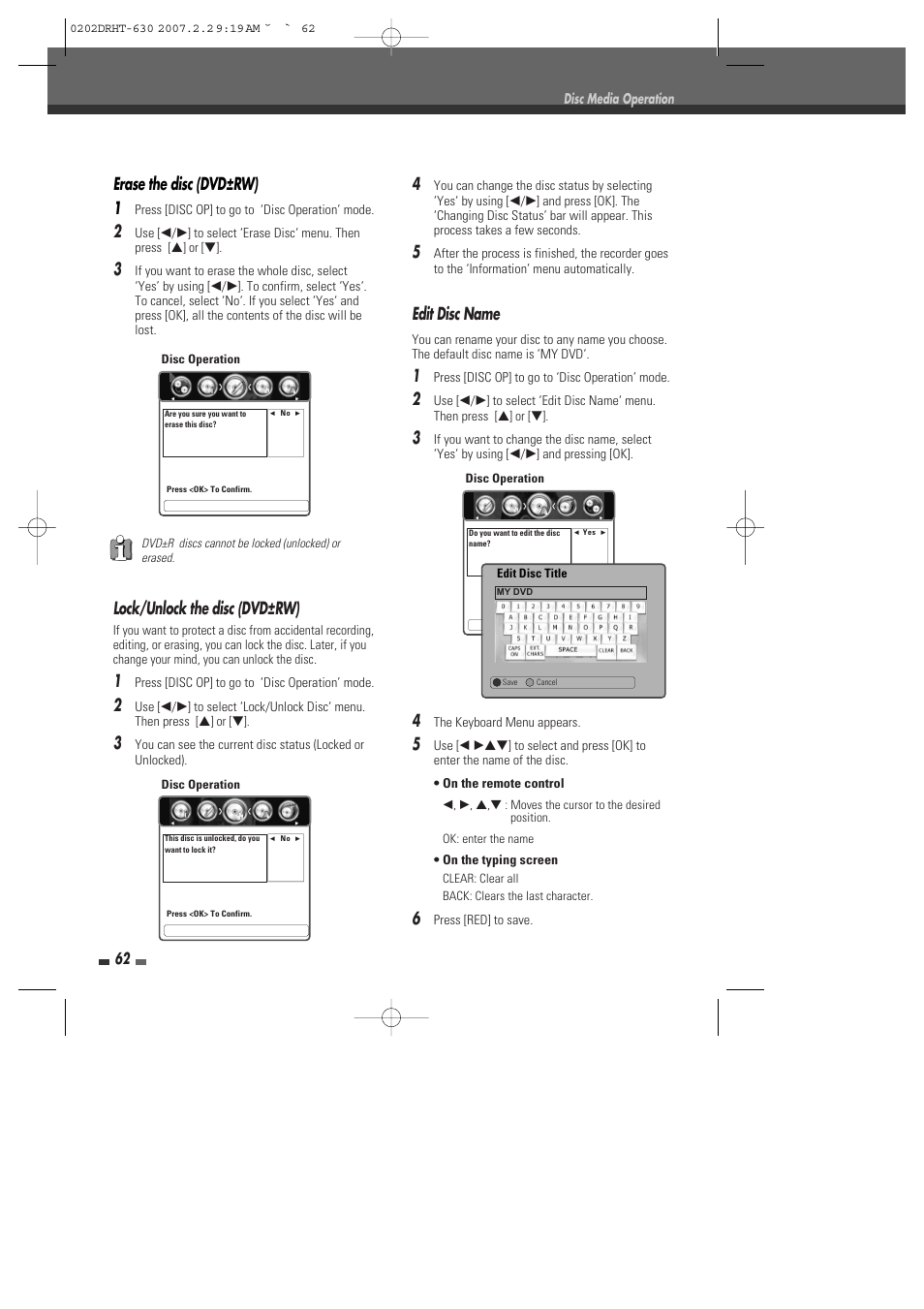 Erase the disc (dvd±rw) 1, Lock/unlock the disc (dvd±rw), Edit disc name | Daewoo DRHT-630 User Manual | Page 63 / 69
