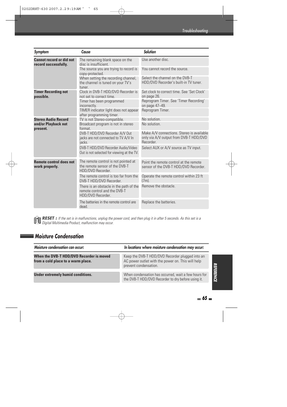 Moisture condensation | Daewoo DRHT-630 User Manual | Page 66 / 69