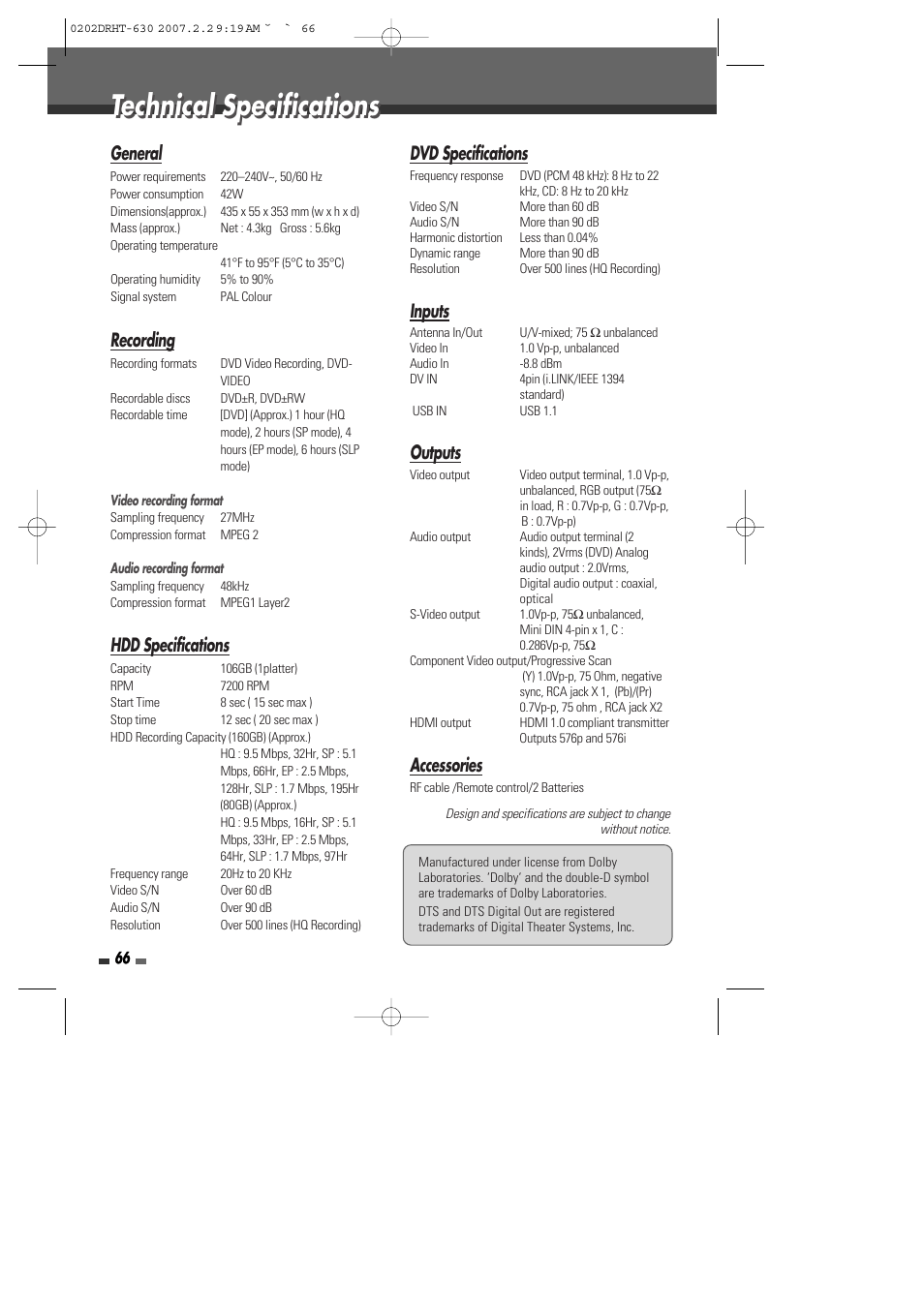 Technical specifications, General, Recording | Hdd specifications, Dvd specifications, Inputs, Outputs, Accessories | Daewoo DRHT-630 User Manual | Page 67 / 69
