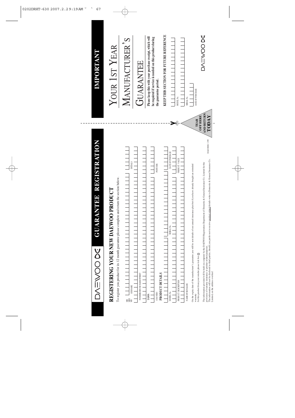 Anuf acturer, Uarantee, Guarantee registra tion impor t ant | Daewoo DRHT-630 User Manual | Page 68 / 69