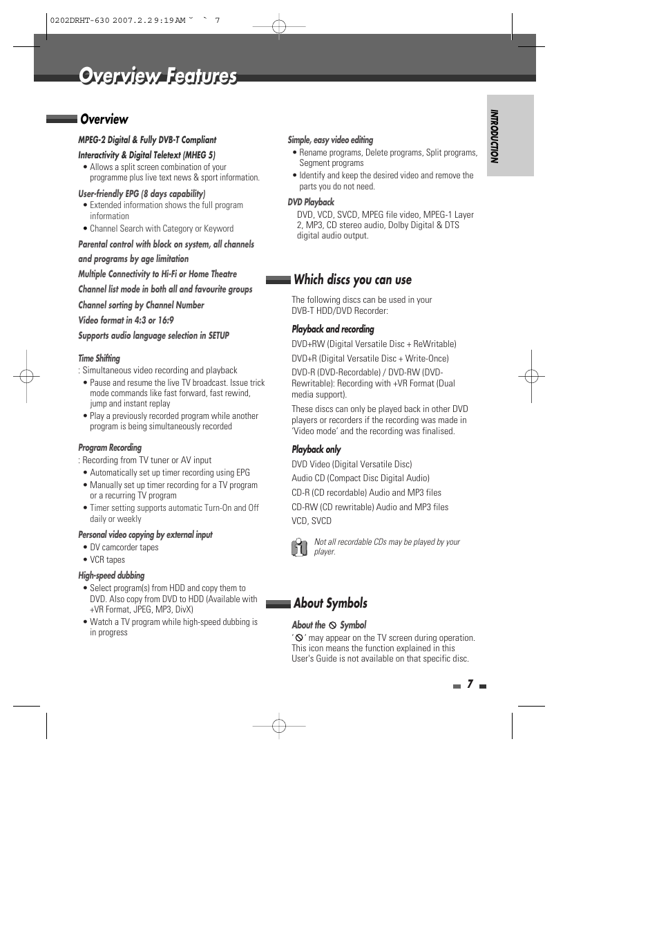 Overview features, Which discs you can use overview, About symbols | Daewoo DRHT-630 User Manual | Page 8 / 69