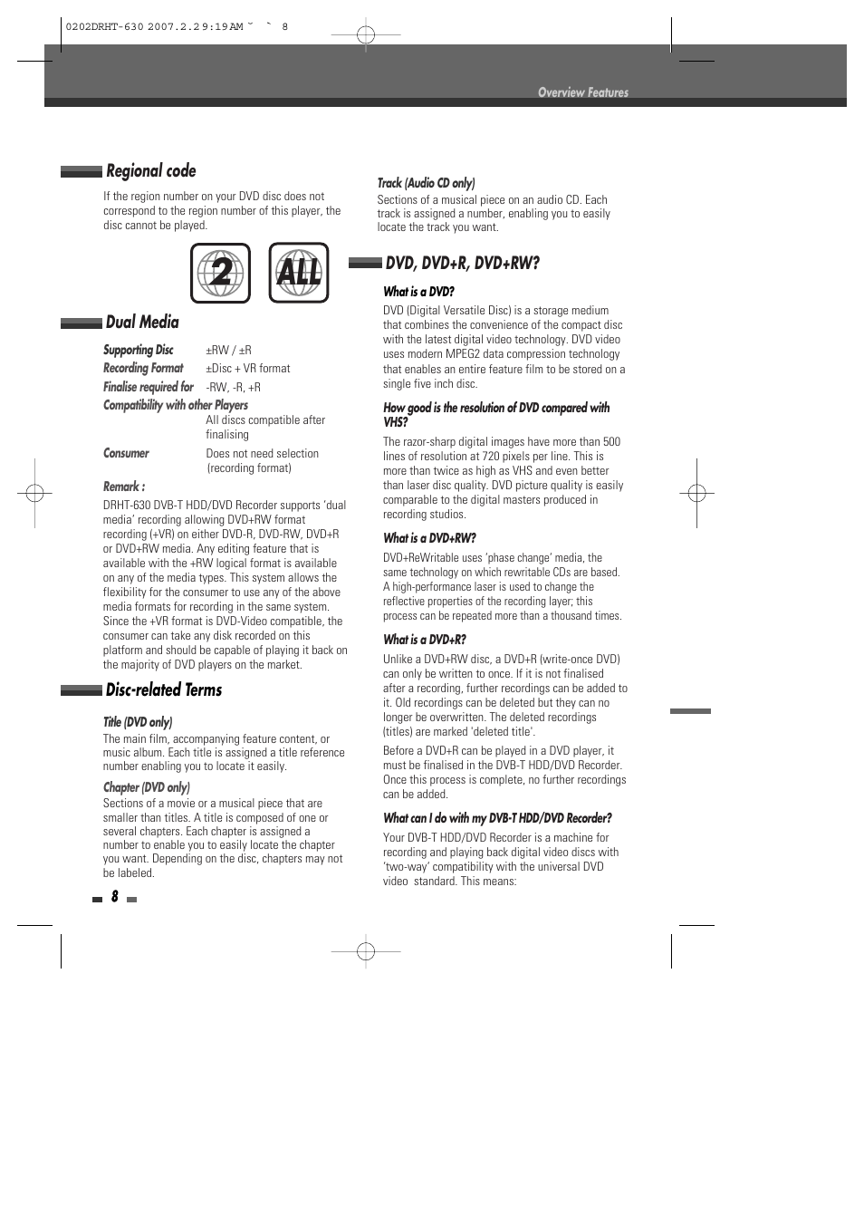 2all, Disc-related terms, Dvd, dvd+r, dvd+rw | Dual media, Regional code | Daewoo DRHT-630 User Manual | Page 9 / 69