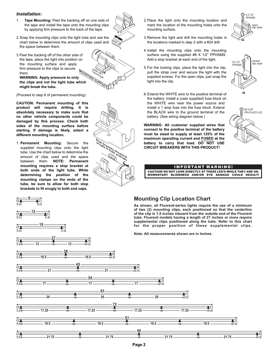 Mounting clip location chart, Installation | Whelen Fluorent & Fluorent Plus Series User Manual | Page 2 / 2