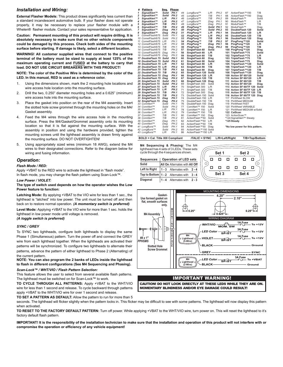 Important warning! installation and wiring, Operation, Page 2 | Set 3 set 1 set 4 set 2 | Whelen M4A User Manual | Page 2 / 2