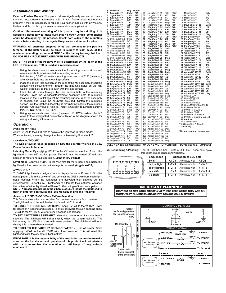 Installation and wiring, Operation, Page 2 | Important warning | Whelen M6A User Manual | Page 2 / 2