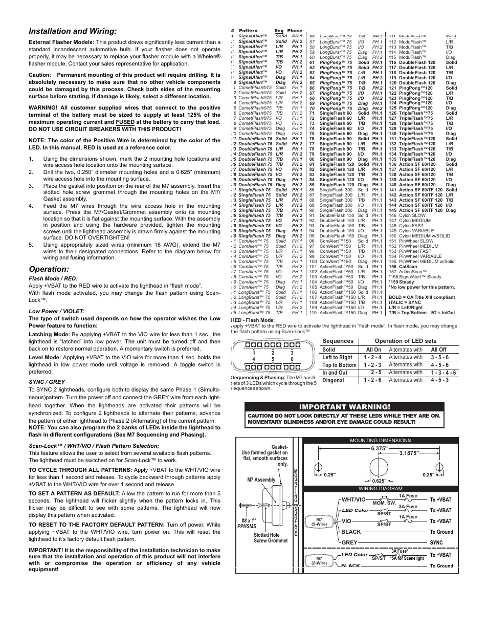 Installation and wiring, Operation, Page 2 | Important warning | Whelen M7A User Manual | Page 2 / 2