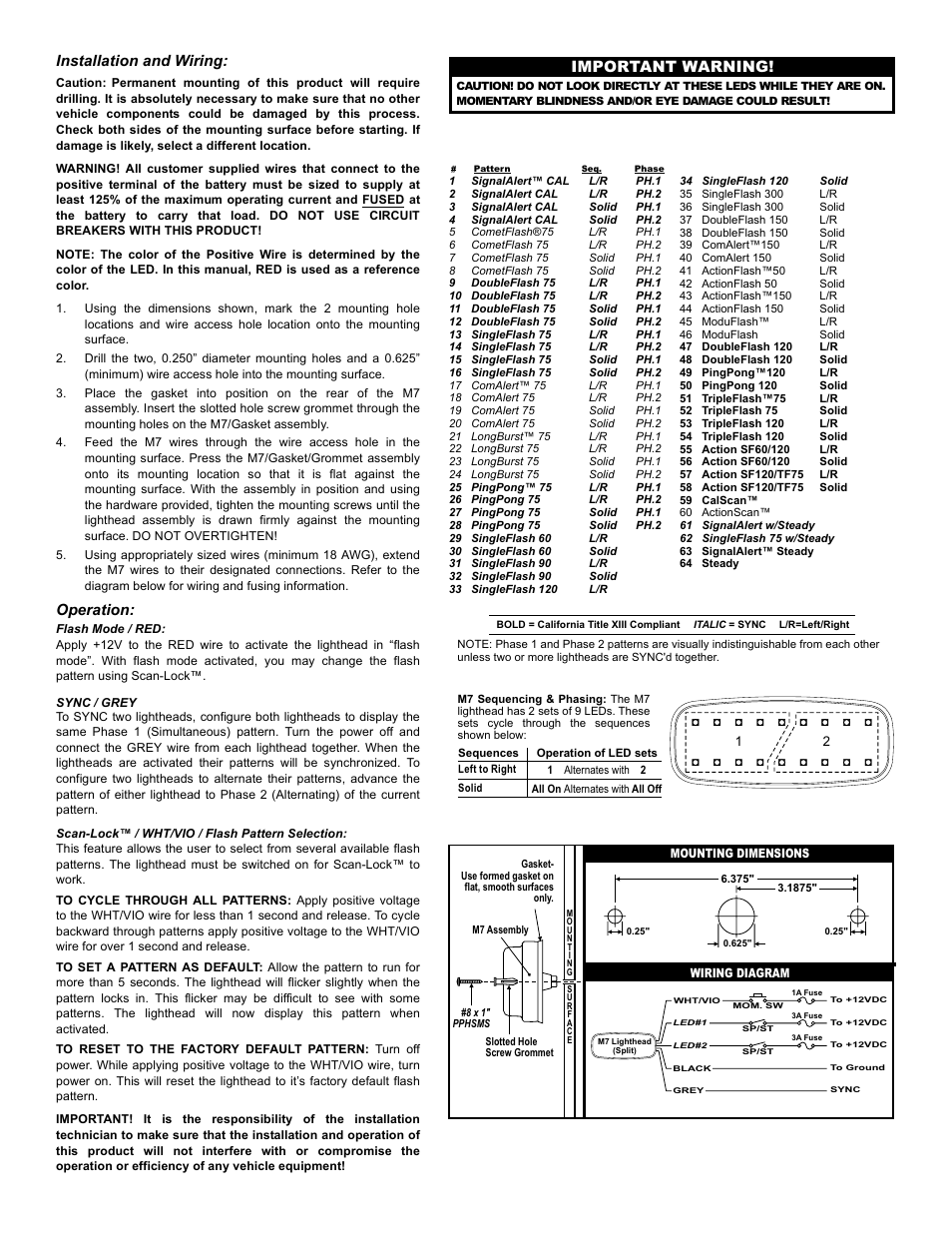 Important warning, Installation and wiring, Operation | Whelen M7J User Manual | Page 2 / 2