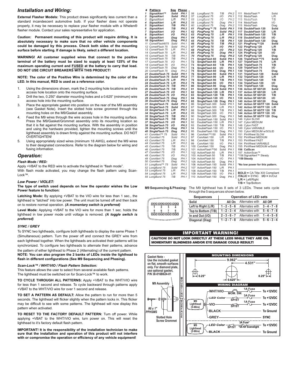 Installation and wiring, Operation, Page 2 | Important warning | Whelen M9A User Manual | Page 2 / 2