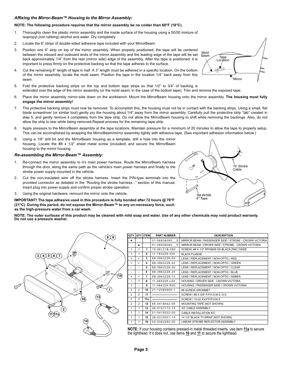 Page 3, Re-assembling the mirror-beam™ assembly | Whelen MBCV98AA User Manual | Page 3 / 3