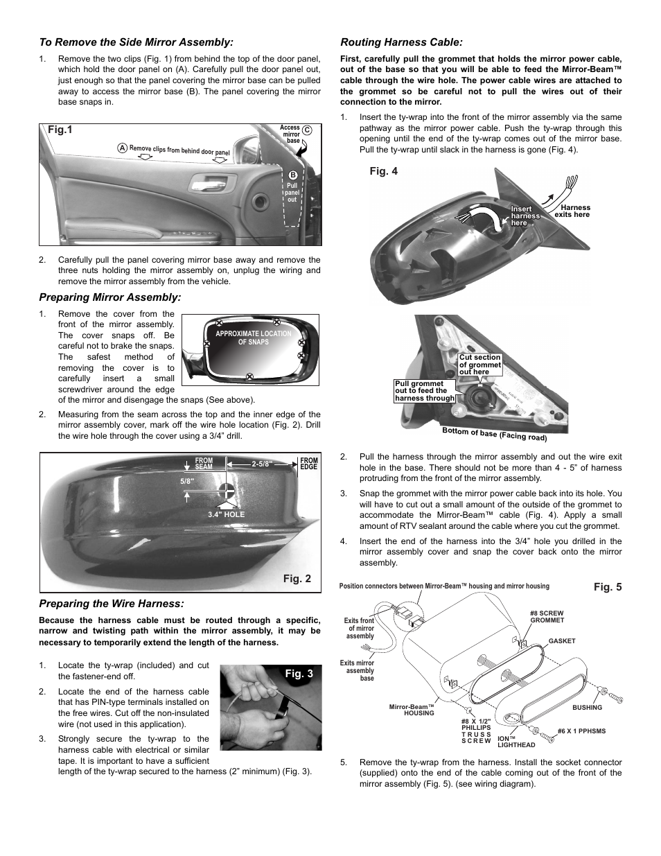 Fig. 5, Fig. 2, Fig. 4 | Preparing mirror assembly, Preparing the wire harness, Routing harness cable, Fig. 3, Fig.1 | Whelen MBDC11AA User Manual | Page 2 / 3