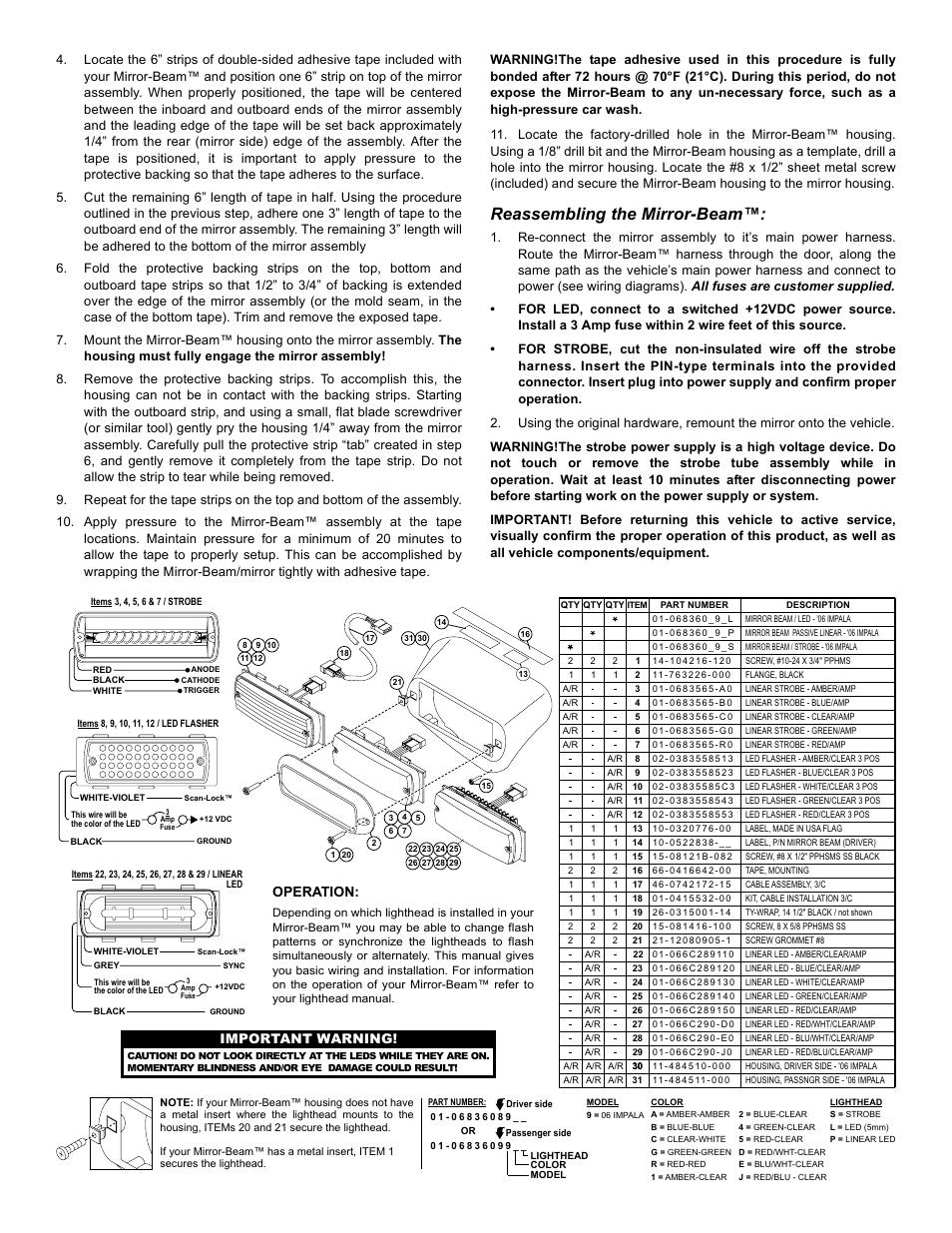 Reassembling the mirror-beam, Page 3, Operation | Important warning | Whelen MBPI06AA User Manual | Page 3 / 3