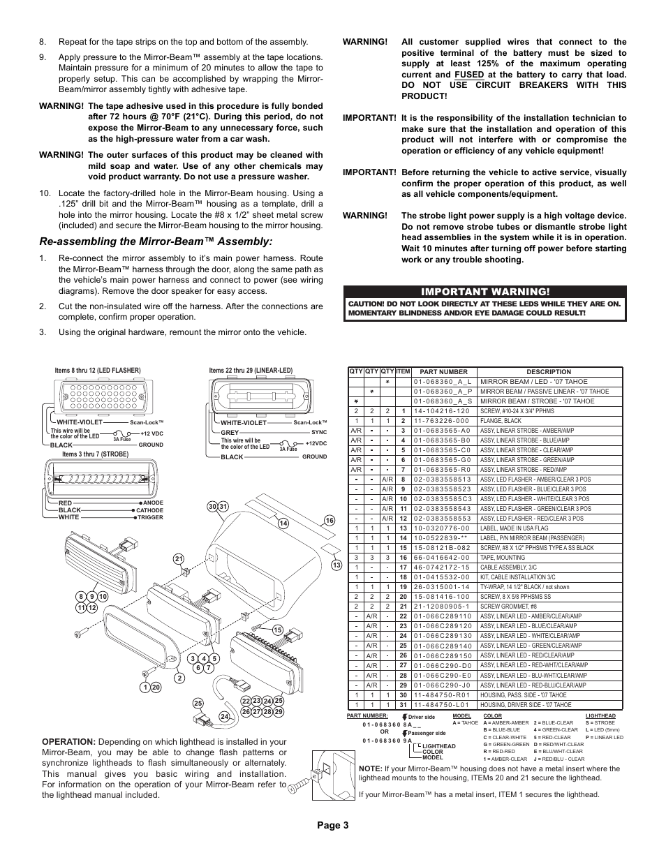 Re-assembling the mirror-beam™ assembly, Page 3, Important warning | Whelen MBPS07AA User Manual | Page 3 / 3