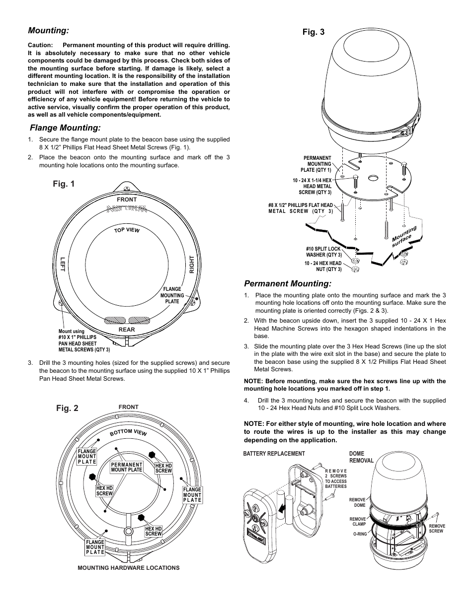 Mounting, Flange mounting, Permanent mounting | Fig. 1, Fig. 2, Fig. 3 | Whelen PT360P User Manual | Page 2 / 3