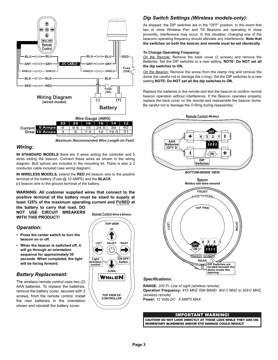 Battery, Wiring, Operation | Battery replacement, Dip switch settings (wireless models-only), Wiring diagram, Remote control, Beacon | Whelen PT360P User Manual | Page 3 / 3