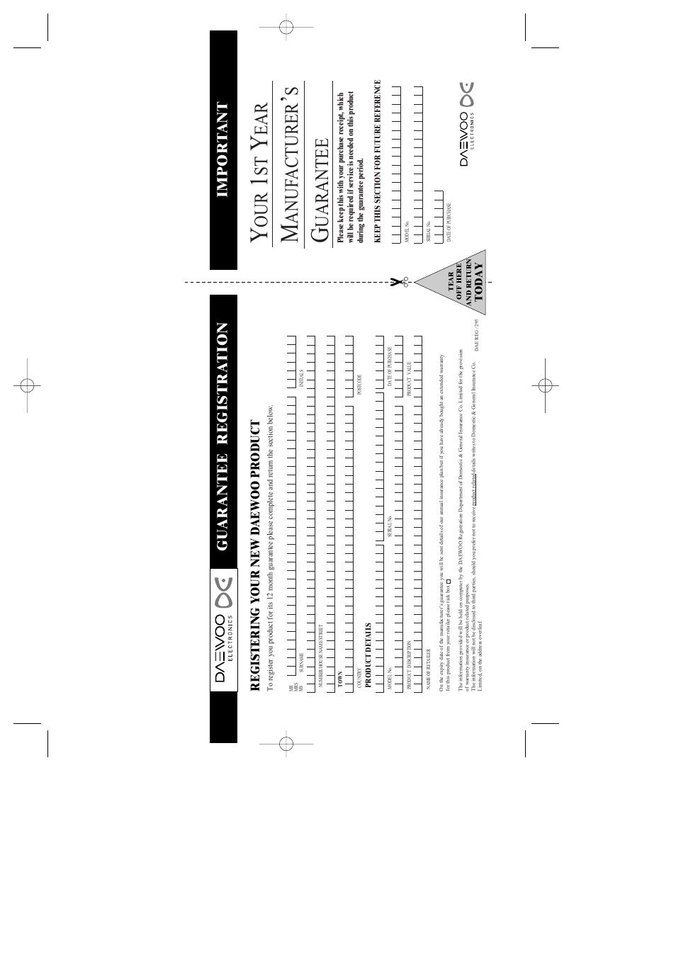 Anuf acturer, Uarantee, Gu arantee registra tion impor t ant | Daewoo DH-6100P User Manual | Page 63 / 64