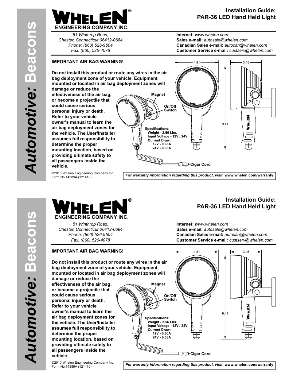 Whelen P36HHS User Manual | 1 page