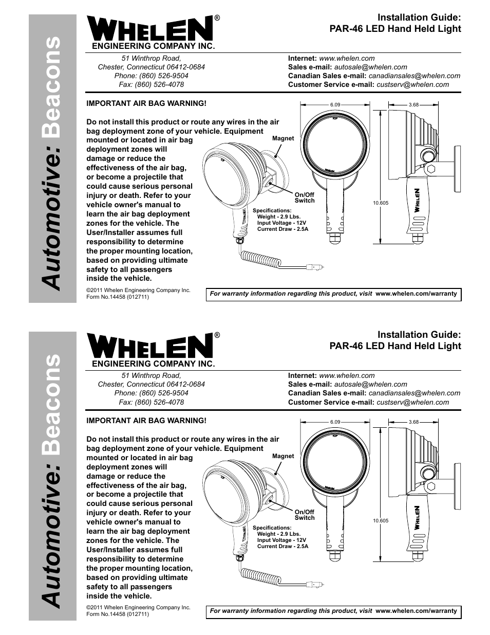 Whelen P46HHS User Manual | 1 page