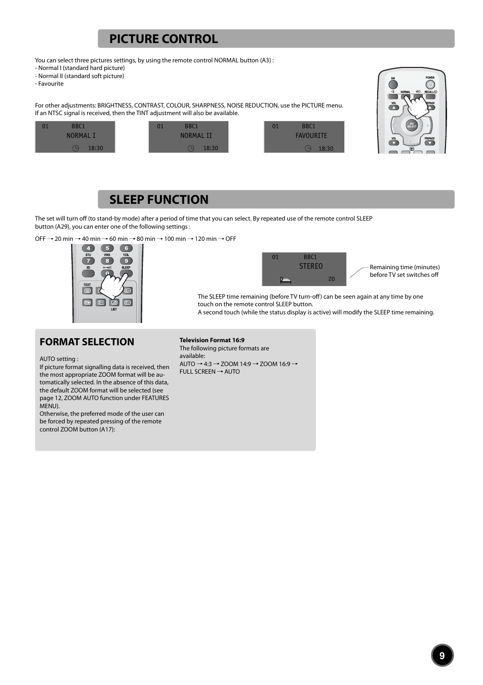 Picture control, Sleep function, Format selection | Daewoo DUB-2850GB User Manual | Page 11 / 27