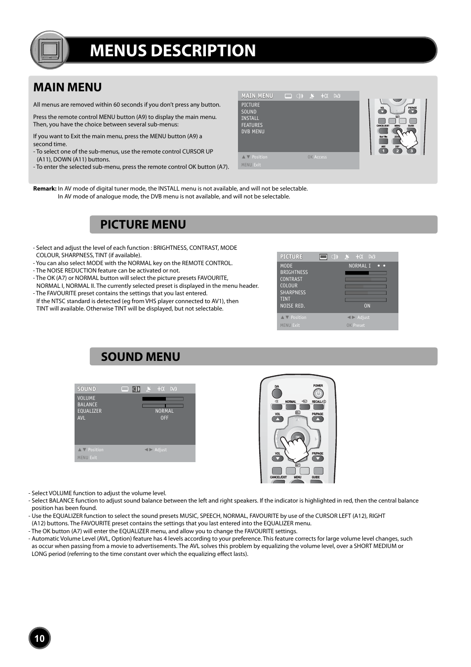 Menus description, Main menu, Picture menu | Sound menu | Daewoo DUB-2850GB User Manual | Page 12 / 27