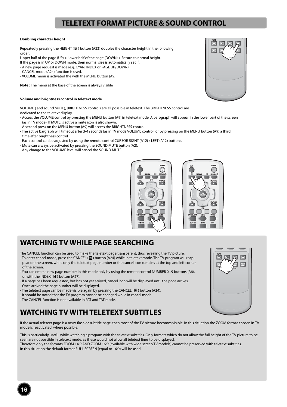 Teletext format picture & sound control, Watching tv while page searching, Watching tv with teletext subtitles | Daewoo DUB-2850GB User Manual | Page 18 / 27