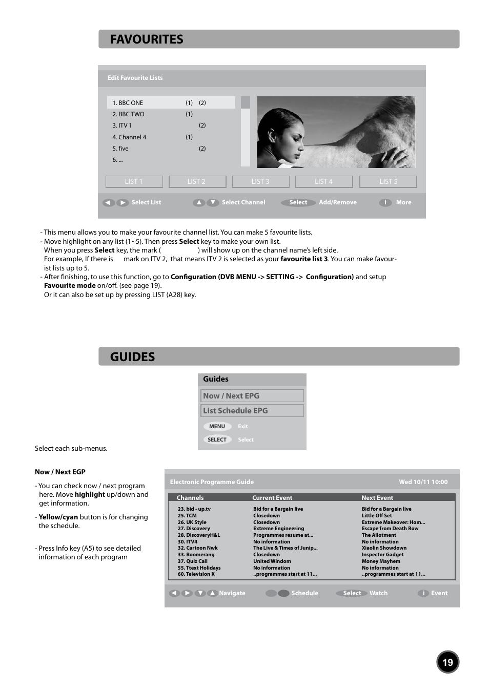 Favourites, Guides, Guides now / next epg list schedule epg | Daewoo DUB-2850GB User Manual | Page 21 / 27