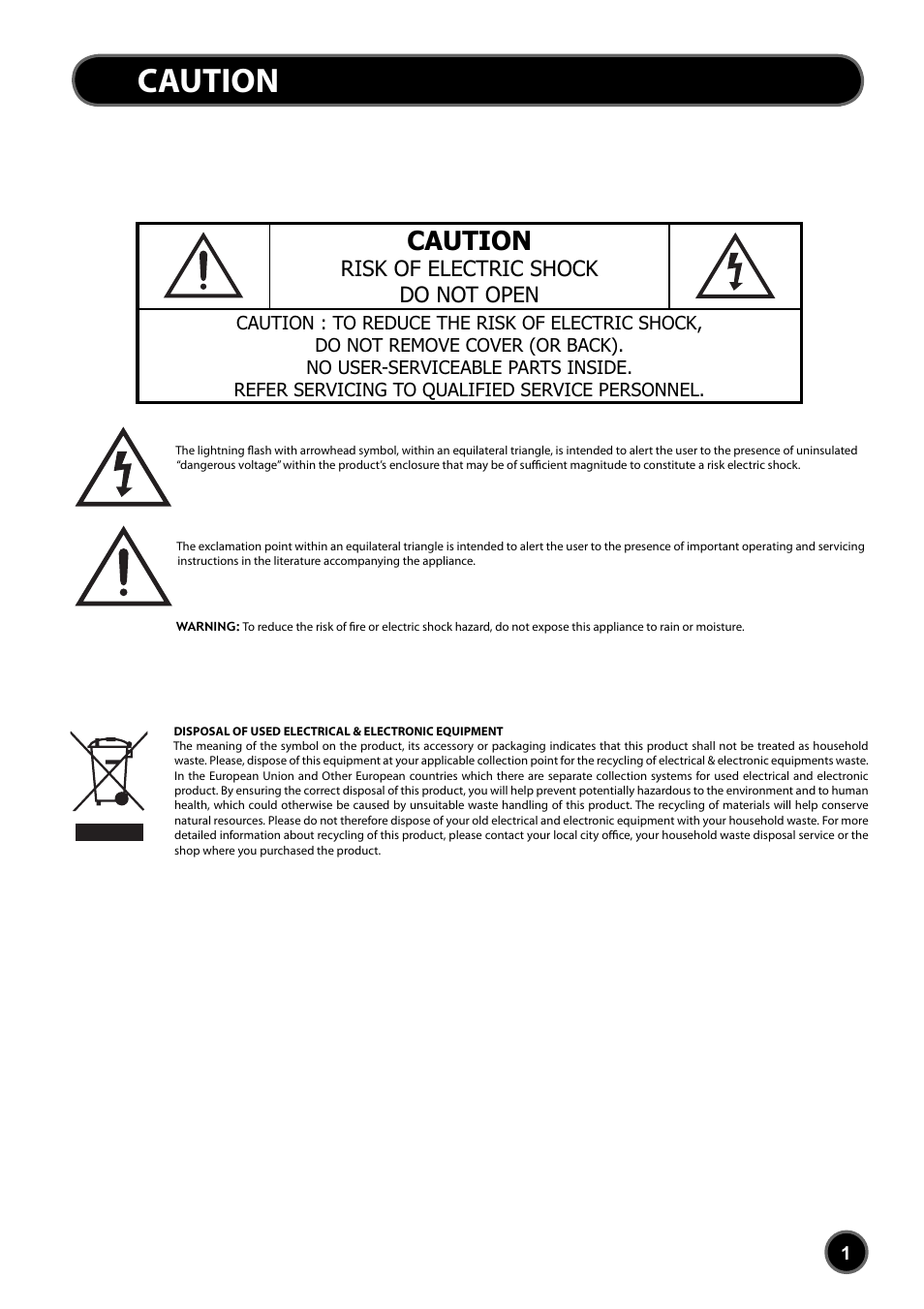 Caution, Risk of electric shock do not open | Daewoo DUB-2850GB User Manual | Page 3 / 27