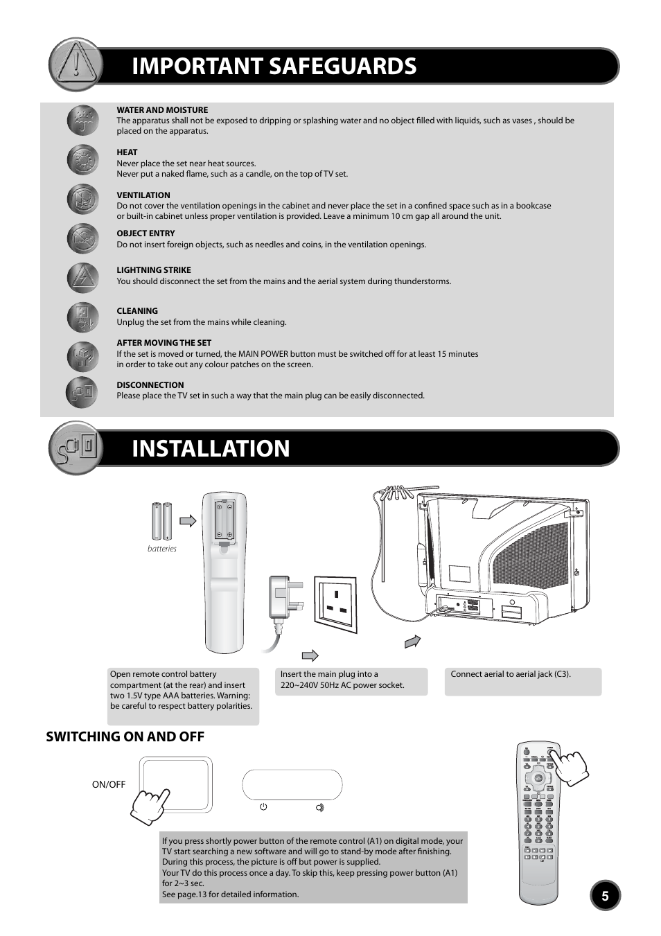 Important safeguards installation, Switching on and off | Daewoo DUB-2850GB User Manual | Page 7 / 27