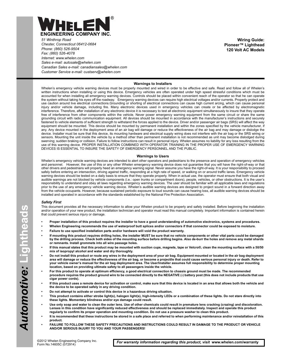 Whelen PFP1AC User Manual | 2 pages