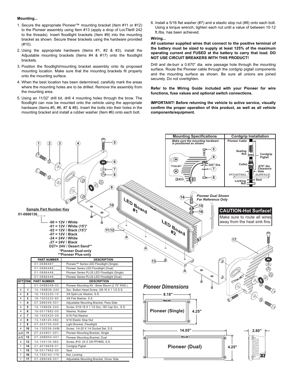 Pioneer dimensions, Pioneer (dual), Caution-hot surface | Page 2, Pioneer (single) | Whelen PBA0127 User Manual | Page 2 / 2