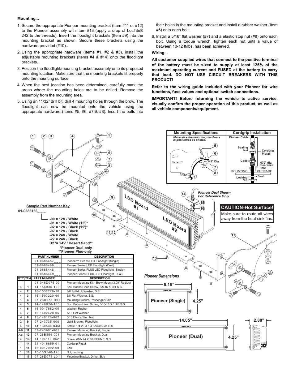 Pioneer (dual), Caution-hot surface, Page 2 | Whelen PBA0130 User Manual | Page 2 / 2