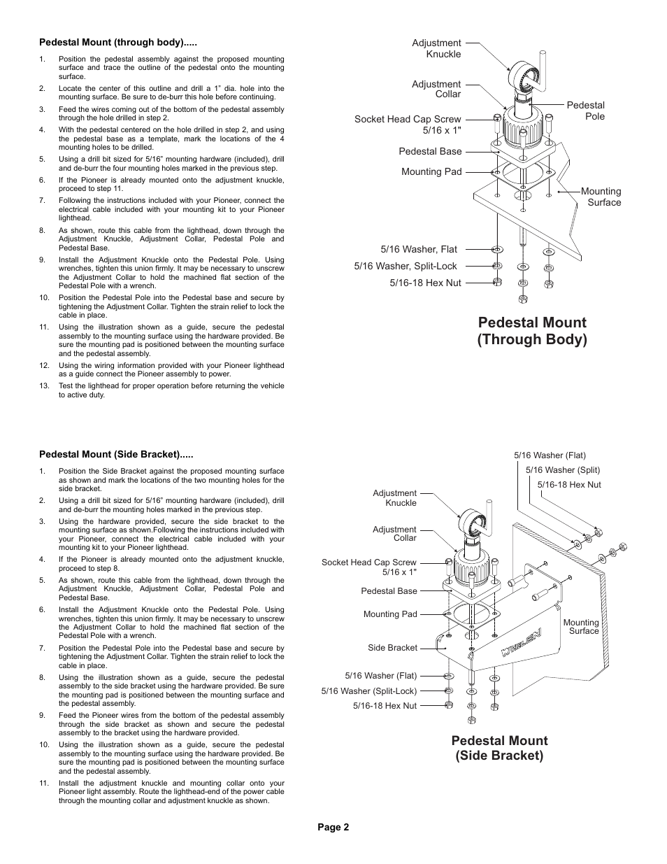 Pedestal mount (through body), Pedestal mount (side bracket) | Whelen Pioneer Pole Pedestal Mount User Manual | Page 2 / 2