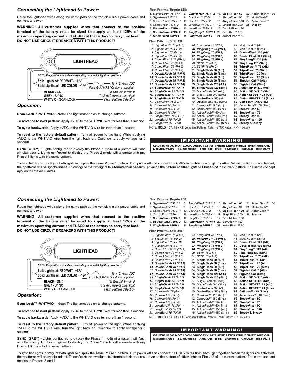 Connecting the lighthead to power, Operation, Page 2 | Whelen SK01AA User Manual | Page 2 / 2