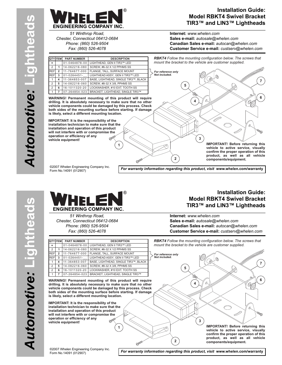 Whelen RBKT4 User Manual | 1 page