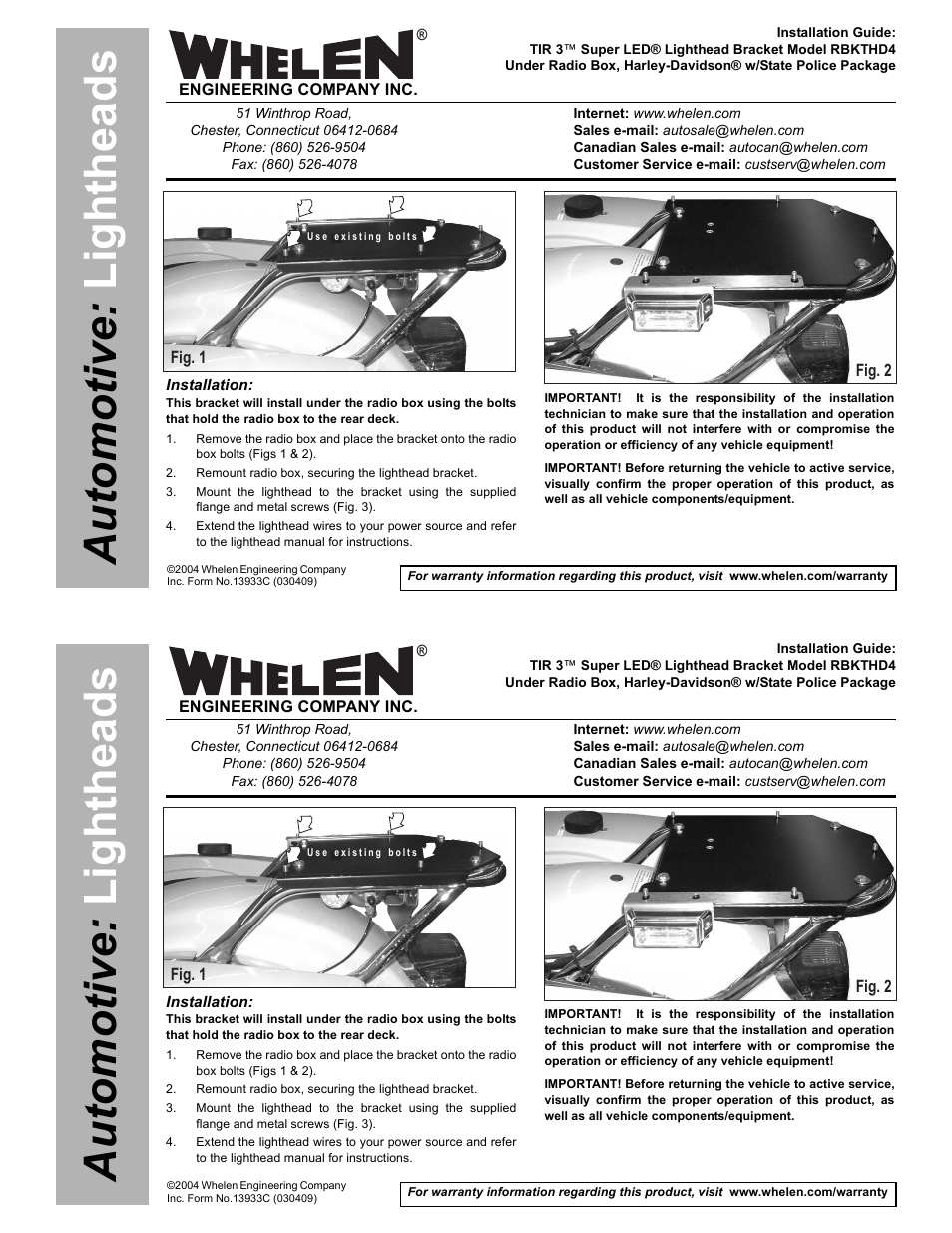 Whelen RBKTHD4L User Manual | 2 pages