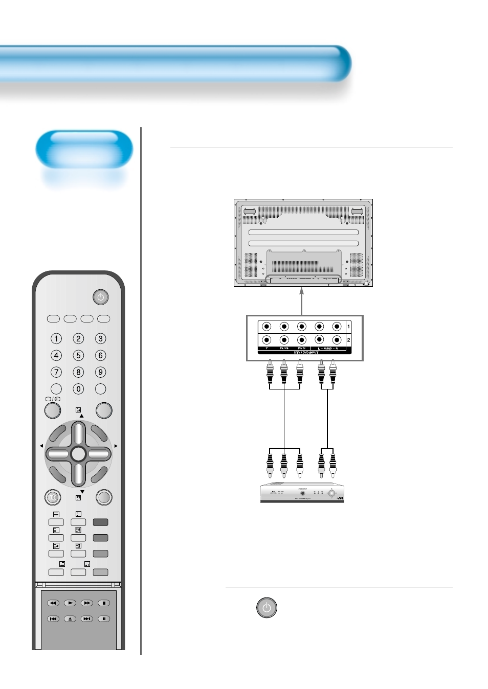 Press the power buttons, Connect a digital broadcasting receiver to the pdp, Watching digital broadcasts | Digital broadcasting receiver, Video, Set-top box) audio, Turn the pdp and the receiver on | Daewoo DT- 4280NH User Manual | Page 25 / 72