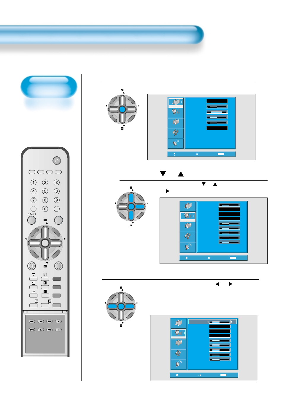 Press the “ pr ” button, Select sound balance, Press the menu button | Customising sound mode, Select [sound] by the, The menu screen as below will be displayed | Daewoo DT- 4280NH User Manual | Page 53 / 72