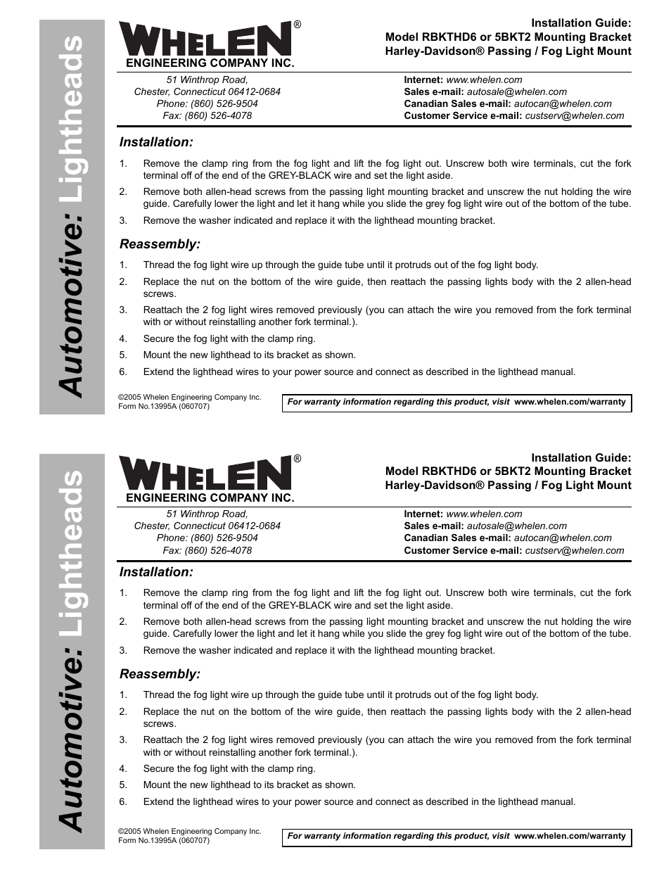 Whelen RBKTHD6 User Manual | 2 pages