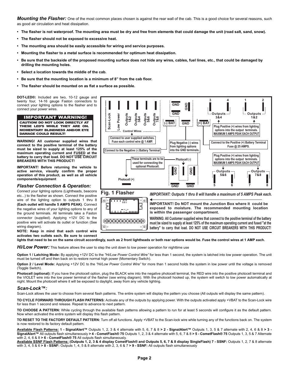 Fig. 1 flasher, Flasher connection & operation, Hi/low power | Scan-lock, Mounting the flasher | Whelen DOT3401A User Manual | Page 2 / 5