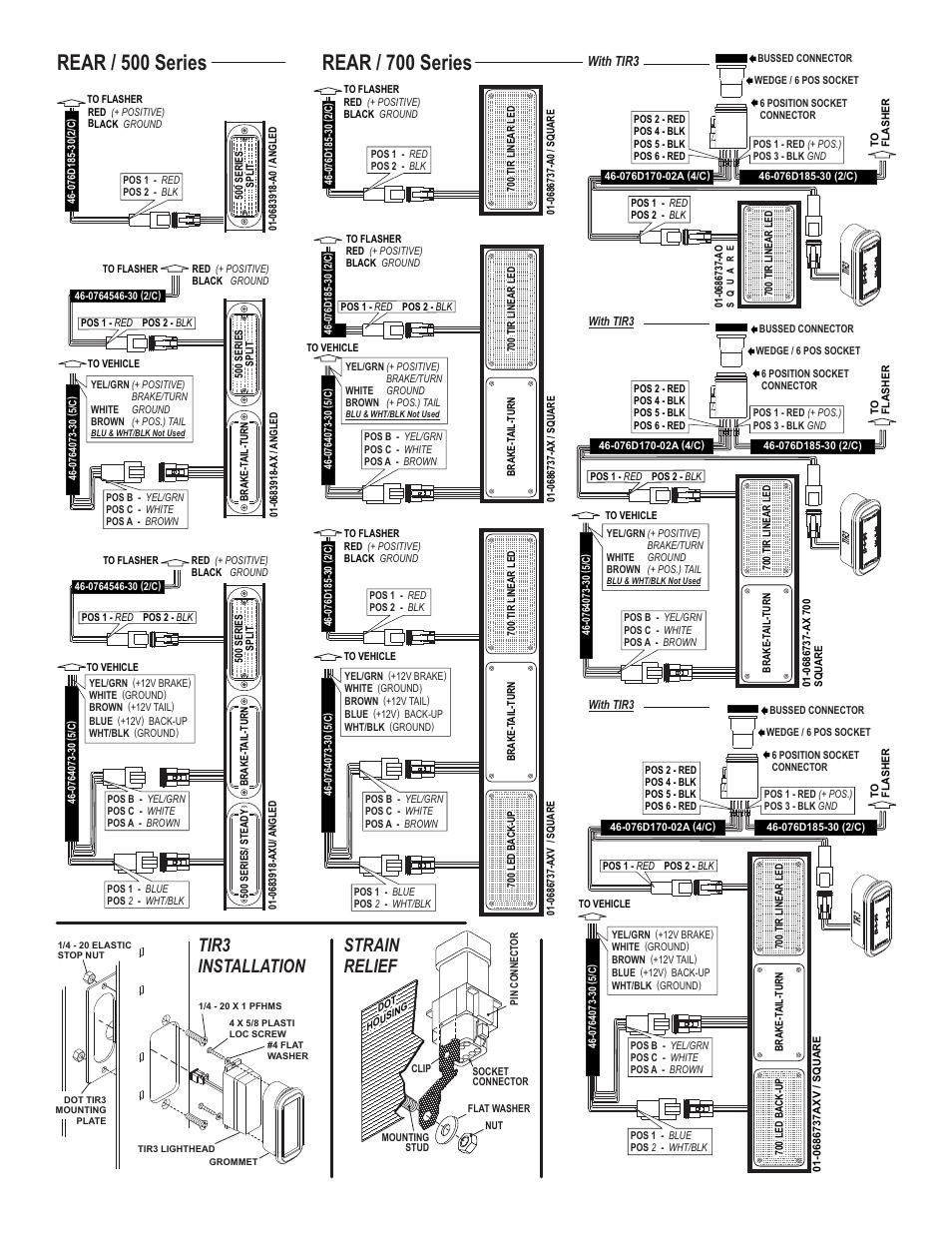 Rear / 500 series, Rear / 700 series, Tir3 installation strain relief | Page 4, With tir3 | Whelen DOT3401A User Manual | Page 4 / 5