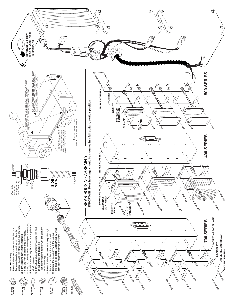 Rear housing assembl y, 400 series, 700 series | 500 series, Page 5, Side view | Whelen DOT3401A User Manual | Page 5 / 5