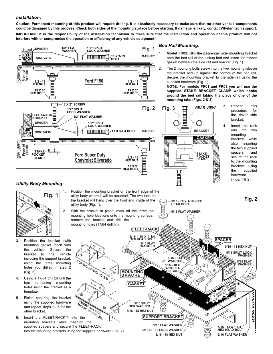 Fig. 1, Ford super duty chevrolet silverado fig. 2, Ford f150 fig. 1 | Fig. 3, Fig. 2, Installation, Bed rail mounting, Utility body mounting | Whelen TAFR03 User Manual | Page 2 / 3