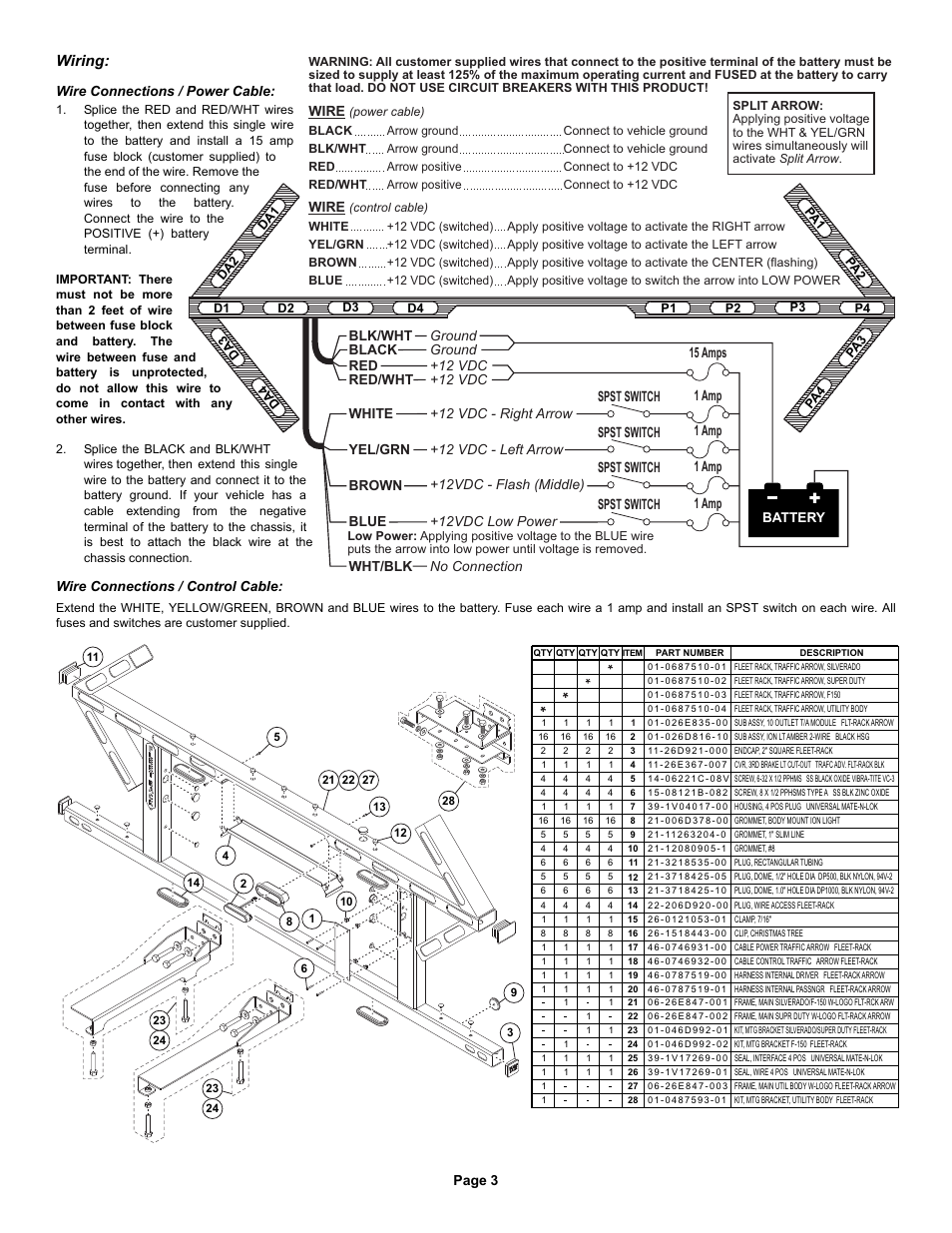 Wiring, Page 3, Red/wht yel/grn | Wire, Wire connections / power cable, Wire connections / control cable | Whelen TAFR03 User Manual | Page 3 / 3