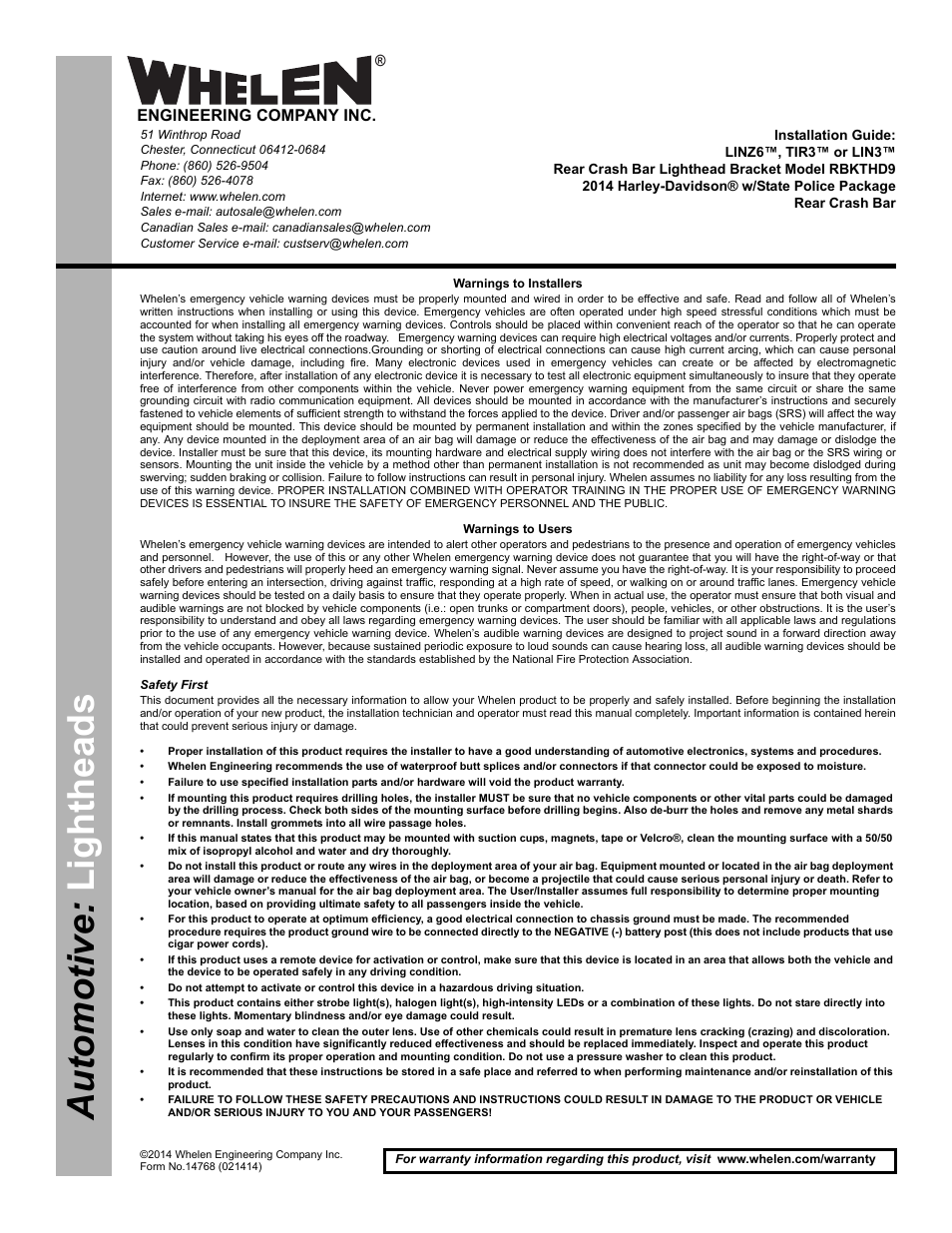 Whelen RBKTHD9 User Manual | 2 pages