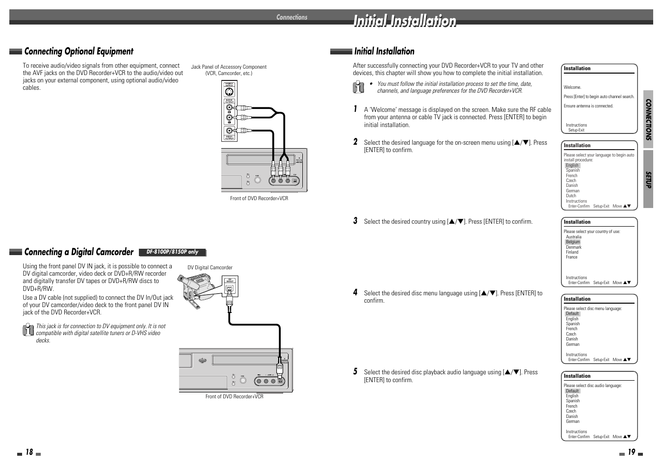 Initial installation, Connecting optional equipment, Connecting a digital camcorder | Daewoo DF-8100 User Manual | Page 11 / 35