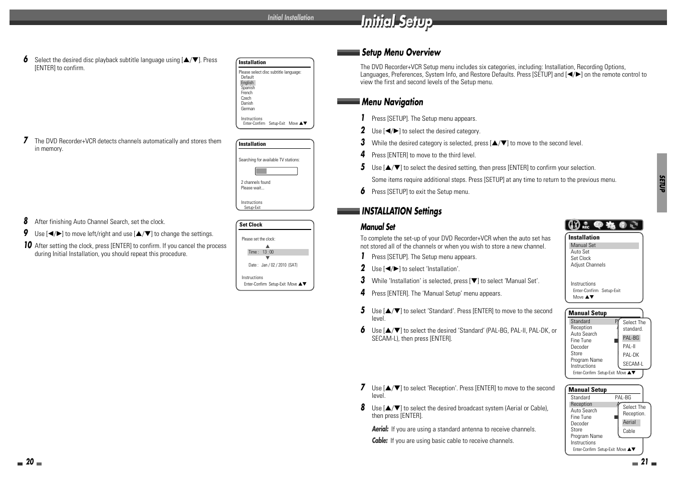 Initial setup, Setup menu overview, Menu navigation | Installation settings | Daewoo DF-8100 User Manual | Page 12 / 35