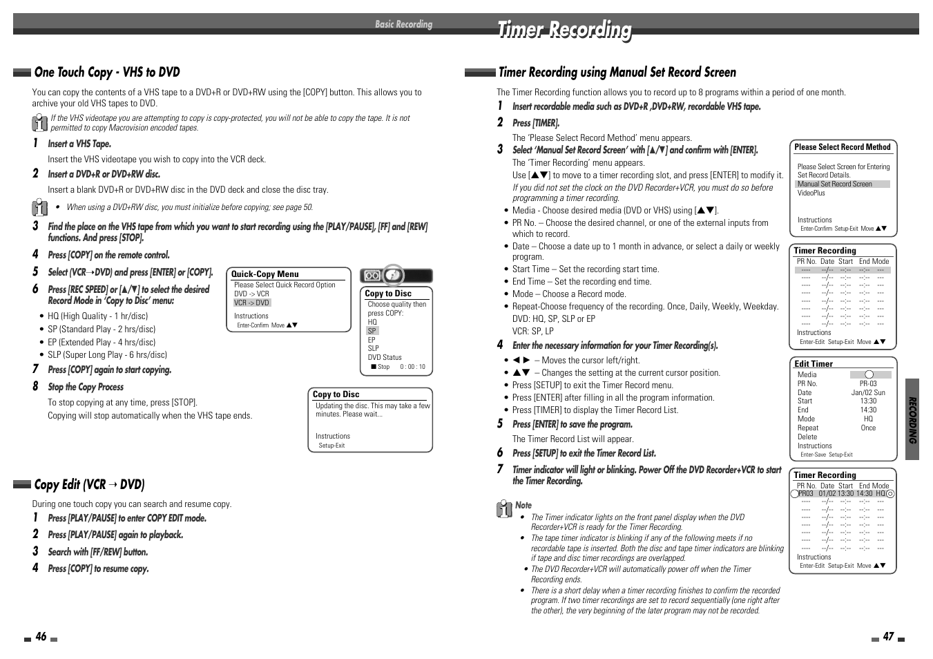 Timer recording, Timer recording using manual set record screen, One touch copy - vhs to dvd | Copy edit (vcr ➝ dvd) | Daewoo DF-8100 User Manual | Page 25 / 35