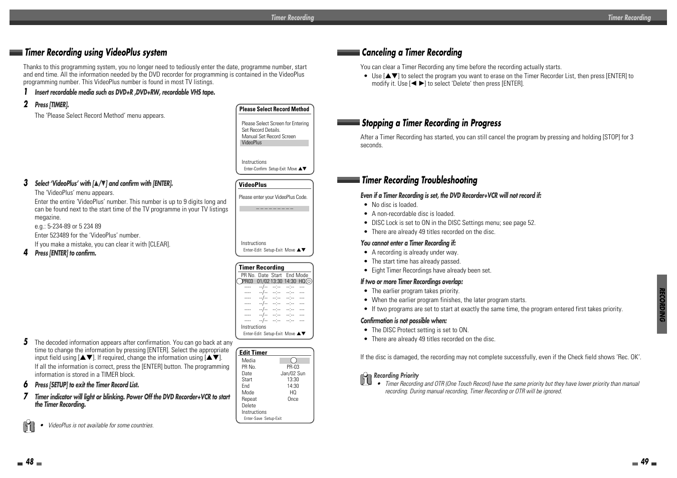 Timer recording troubleshooting, Canceling a timer recording, Stopping a timer recording in progress | Timer recording using videoplus system | Daewoo DF-8100 User Manual | Page 26 / 35