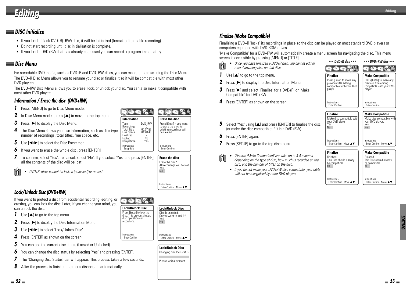 Editing, Disc initialize disc menu, Lock/unlock disc (dvd+rw) | Information / erase the disc (dvd+rw) 1, Finalize (make compatible) | Daewoo DF-8100 User Manual | Page 28 / 35